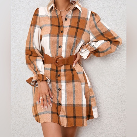 Kate- khaki pattern collared neck ruffled sleeve shirt dress - Picture 4 of 4